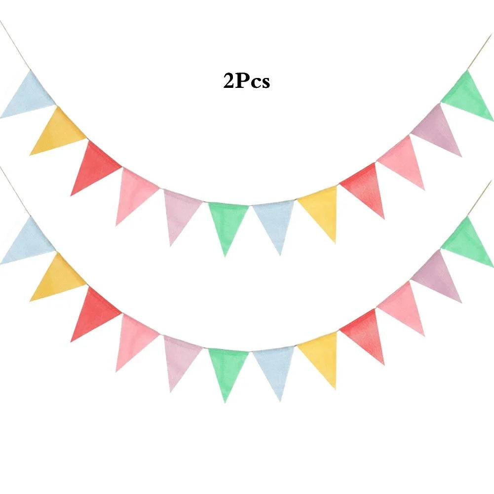 A banner made of 20 colorful triangular pennants in various shades of pastel green, yellow, pink, and blue.