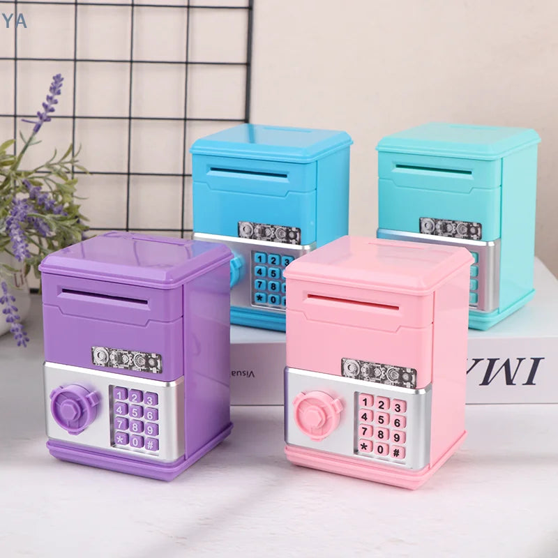 A set of colorful kids mini piggy banks and money boxes in purple, blue, and pink plastic.