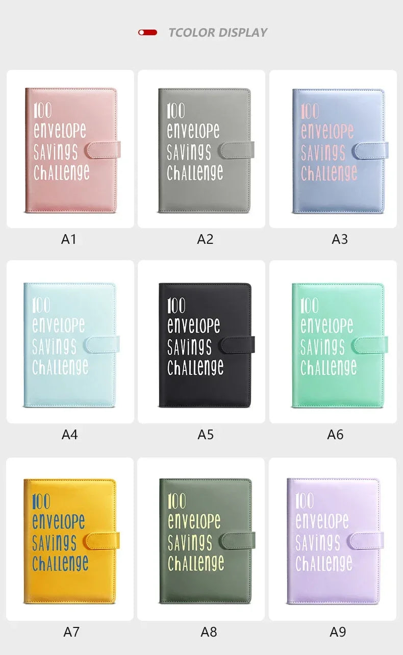 Una selección de nueve sobres de color TColor Display para desafíos de ahorro, etiquetados de A1 a A9.