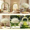 A collection of white baby's breath bouquets and floral arches used for weddings and events.