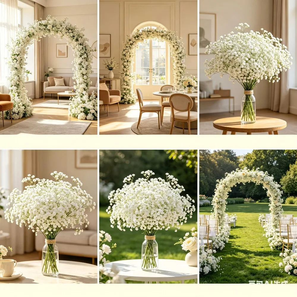 A collection of white baby's breath bouquets and floral arches used for weddings and events.