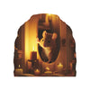 A small brown mouse sits in a wooden frame with candles and shelves as wall decor.