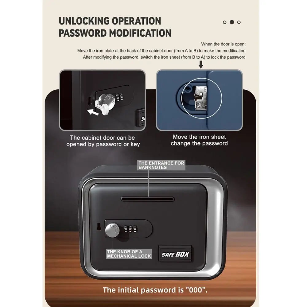 Diagram showing how to modify the operation password on a safe box by moving iron sheets.