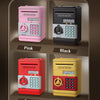 A display of various colored password saving piggy banks or safes, including pink, black, red, and golden versions.