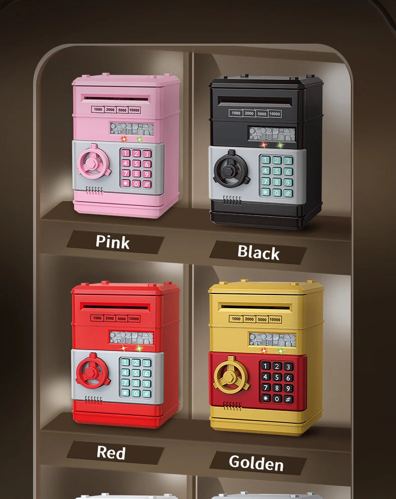 A display of various colored password saving piggy banks or safes, including pink, black, red, and golden versions.