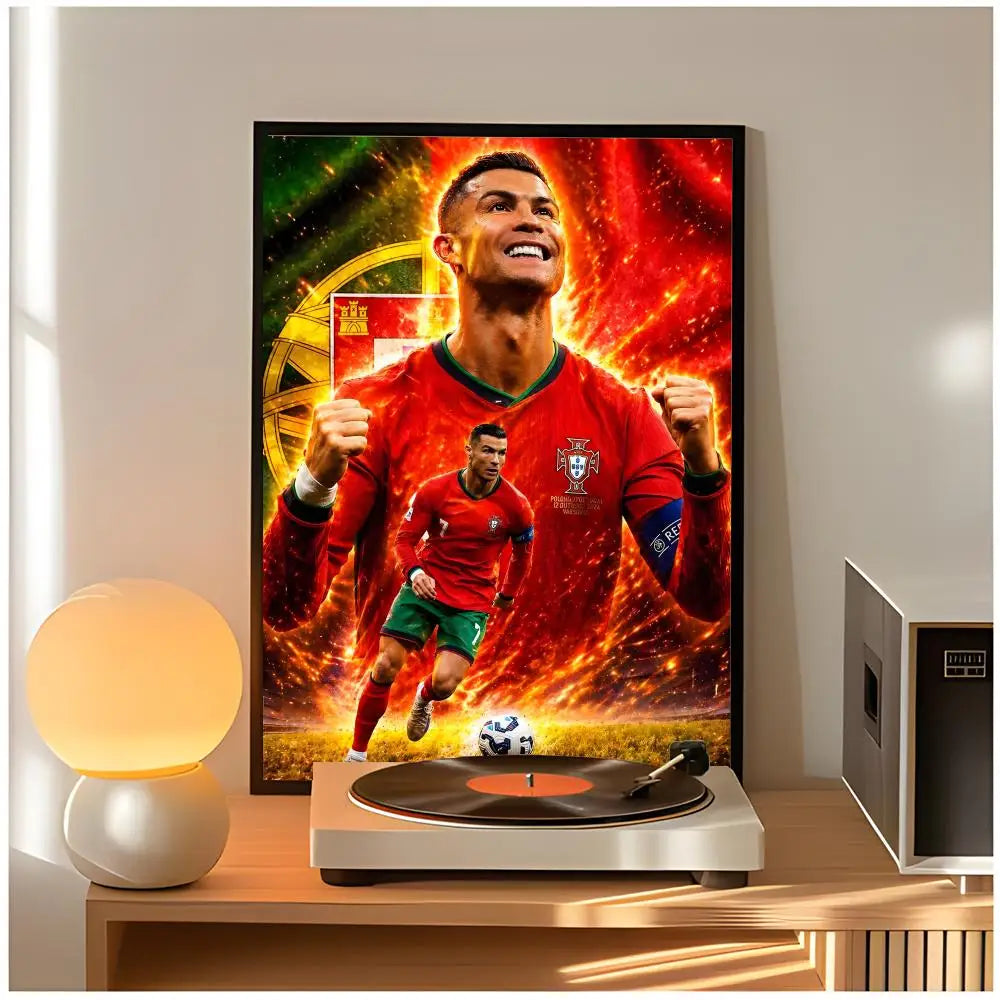 A poster of Cristiano Ronaldo in a red jersey with flames, displayed next to a turntable.