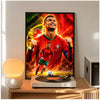 A poster of Cristiano Ronaldo in a red jersey with flames, displayed next to a turntable.