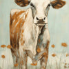 A watercolor painting of a white and brown Highland cow head and neck against a pale blue background.
