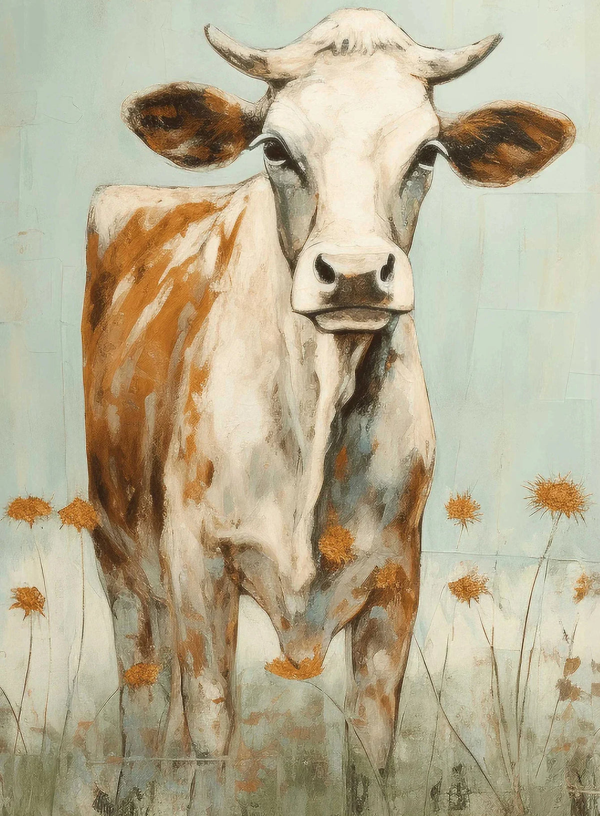 A watercolor painting of a white and brown Highland cow head and neck against a pale blue background.