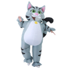 A gray and black cat inflatable costume with large green eyes and a white belly.