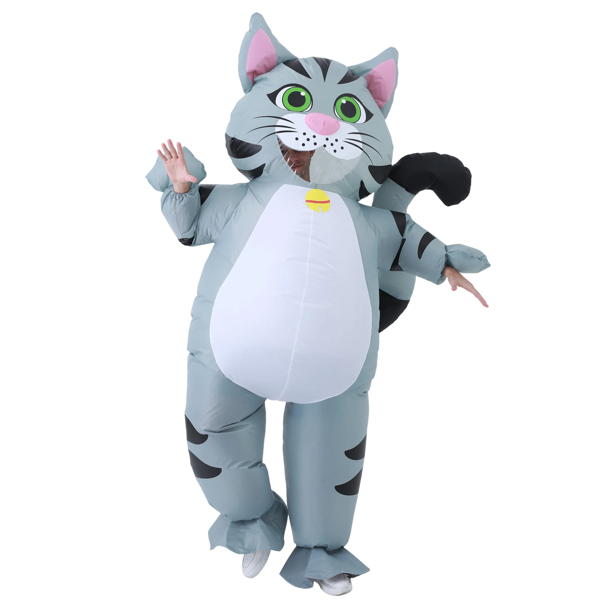 A gray and black cat inflatable costume with large green eyes and a white belly.