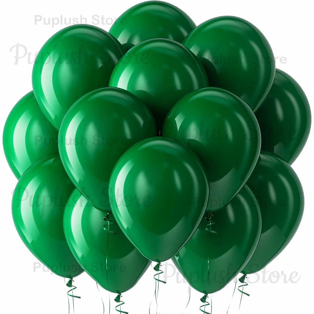 A bunch of glossy sage green latex balloons clustered together.