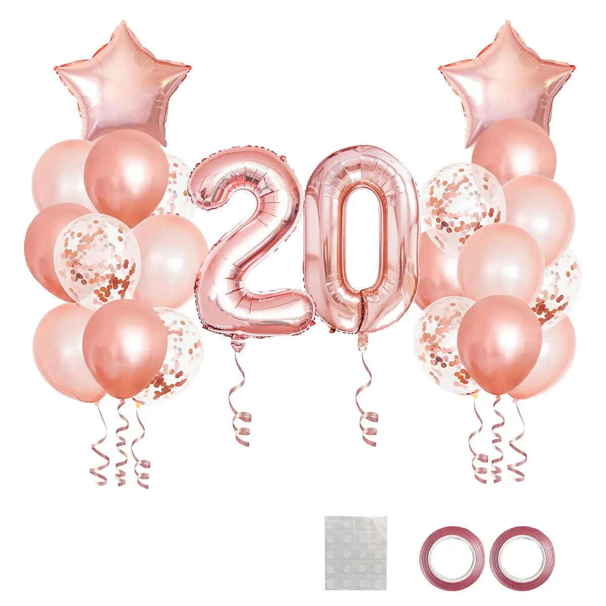 A set of rose gold foil balloons shaped like the number 20 and stars for a milestone birthday party decor