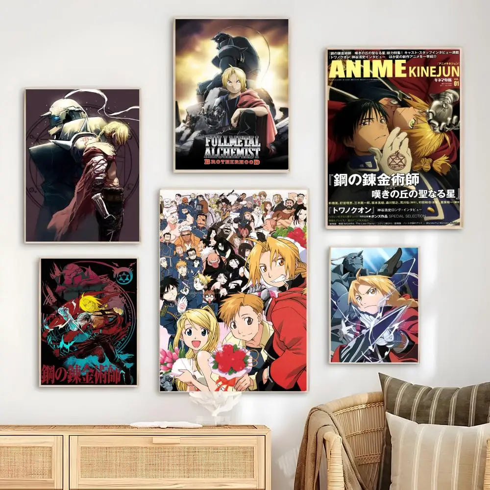 A collection of anime posters featuring characters and scenes from Fullmetal Alchemist