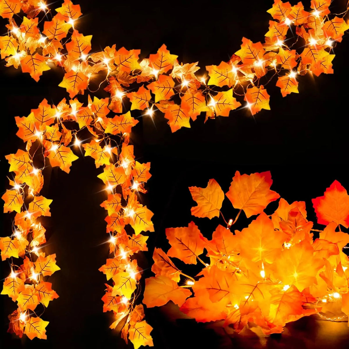 An autumn leaf garland with warm LED lights strung across a dark background for fall decoration.