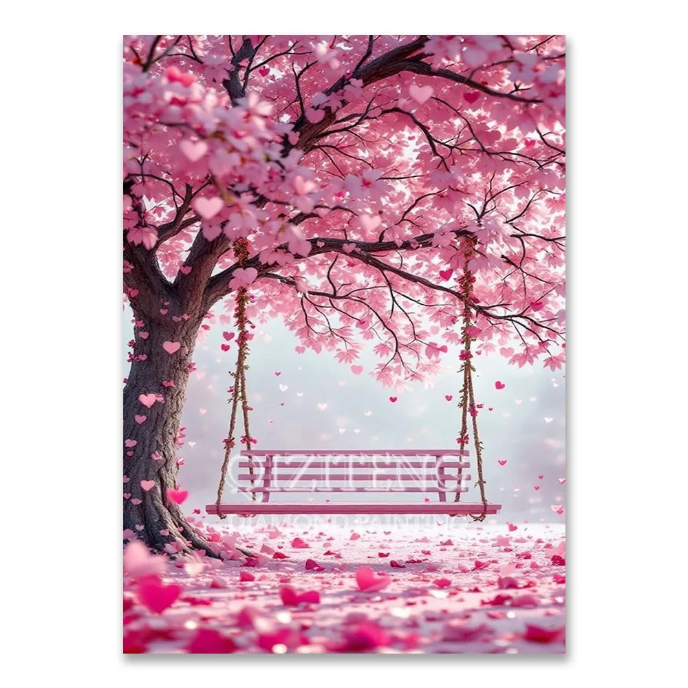 A pink cherry blossom tree with a wooden swing hangs over a field covered in pink petals.