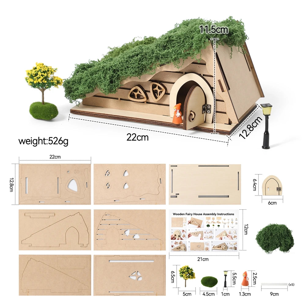 A brown wooden fairy house model featuring an arched door and a tooth box, with accompanying assembly instructions.