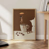 Abstract coffee wall art canvas print featuring a silhouette of a person under an umbrella against a brown background