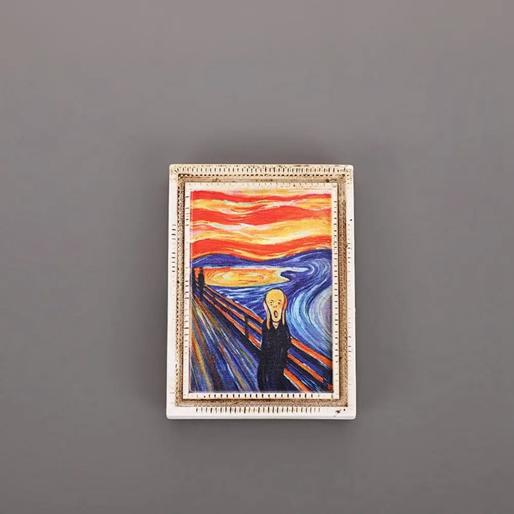 A framed painting featuring a vibrant sunset landscape with a solitary figure, displayed as a fridge magnet.