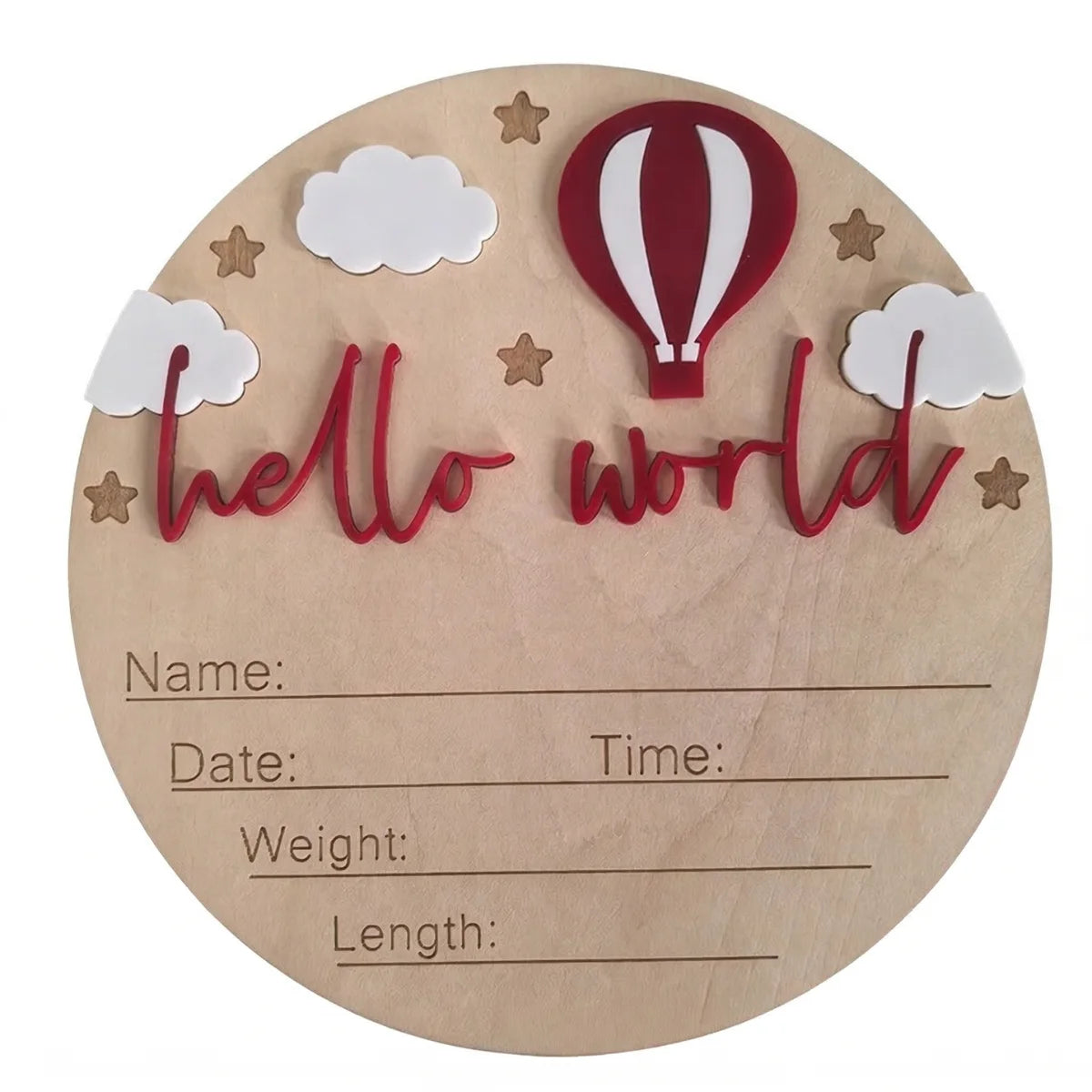A natural wood birth announcement plaque featuring a red hot air balloon, clouds, and text that reads hello world.