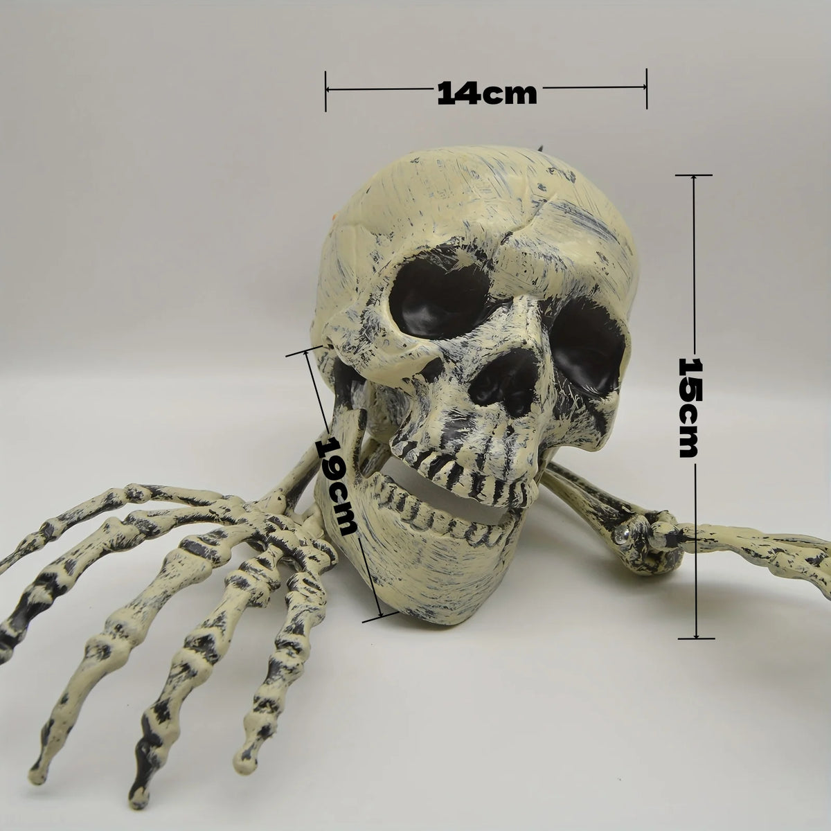 A white and black Halloween skeleton bone with a skull and hand design, shown from the side.