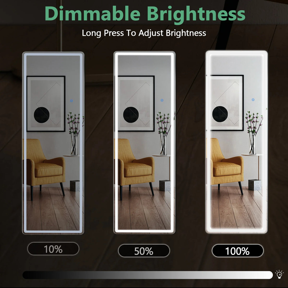 مجموعة من ثلاثة مرايا LED كاملة الطول تظهر مستويات سطوع قابلة للتعتيم من 10% إلى 100%
