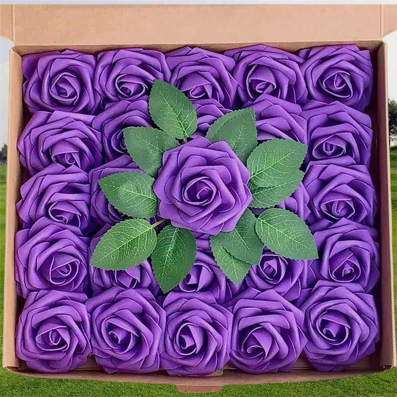 A box filled with lifelike purple foam roses for wedding and home décor