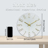 Dimensional comparison drawing of a 12-inch modern wall clock with gold numerals and hands.