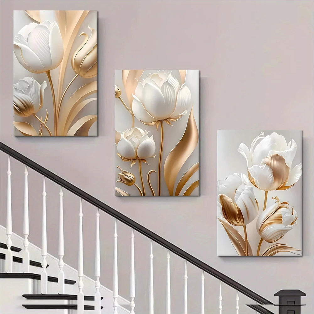 A set of three modern 3D floral canvas wall art pieces featuring white and gold tulips on a light pink background.