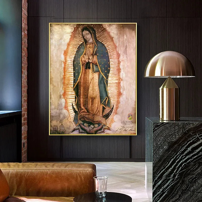 A framed canvas painting of Our Lady of Guadalupe with a golden halo against a muted background.