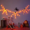 Halloween spider web string lights strung across a wall with a skull and a carved pumpkin display