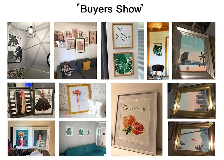 A collection of framed canvas wall art featuring various subjects including nature, portraits, and abstract designs.