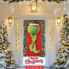A festive Christmas door cover flag featuring a green elf figure on a red door surrounded by greenery and lights.