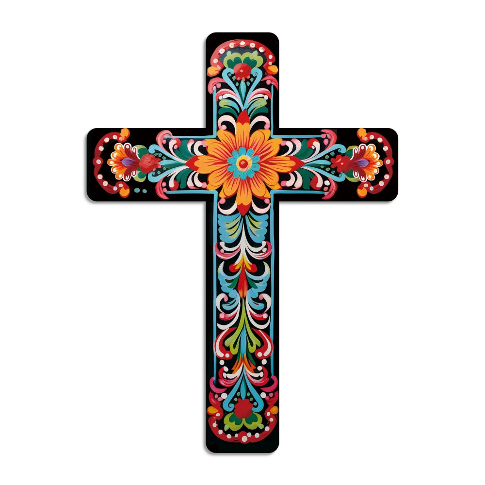 A black wooden cross decorated with vibrant floral patterns in orange, pink, teal, and green.