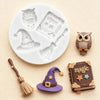 A white silicone mold with relief designs of an owl, a wizard hat, and a magic book, alongside the finished items.