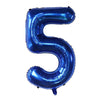 A large, dark blue foil number balloon shaped like the numeral 5 for party decor.