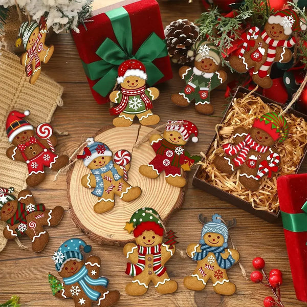A collection of twelve wooden gingerbread man Christmas ornaments in various colors and decorations.