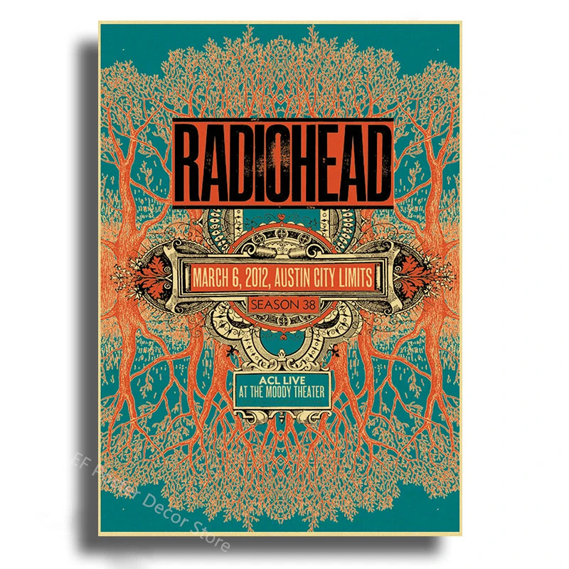 Poster art for Radiohead's album featuring a stylized tree design in orange and teal colors.