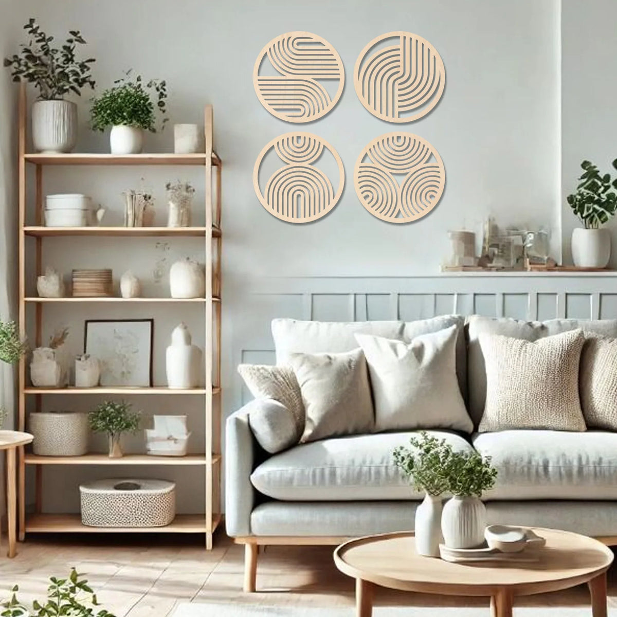 A set of four round wooden wall art pieces with concentric line patterns displayed on a white wall above a wooden shelf and a