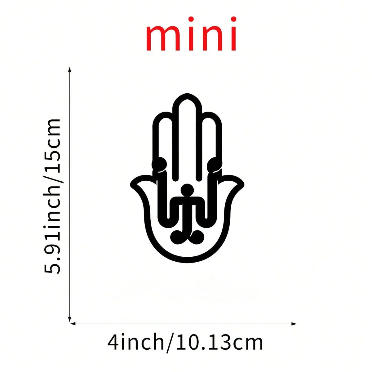 A black line drawing of a mini hand sculpture, measuring 5.91 inches high and 4 inches wide.