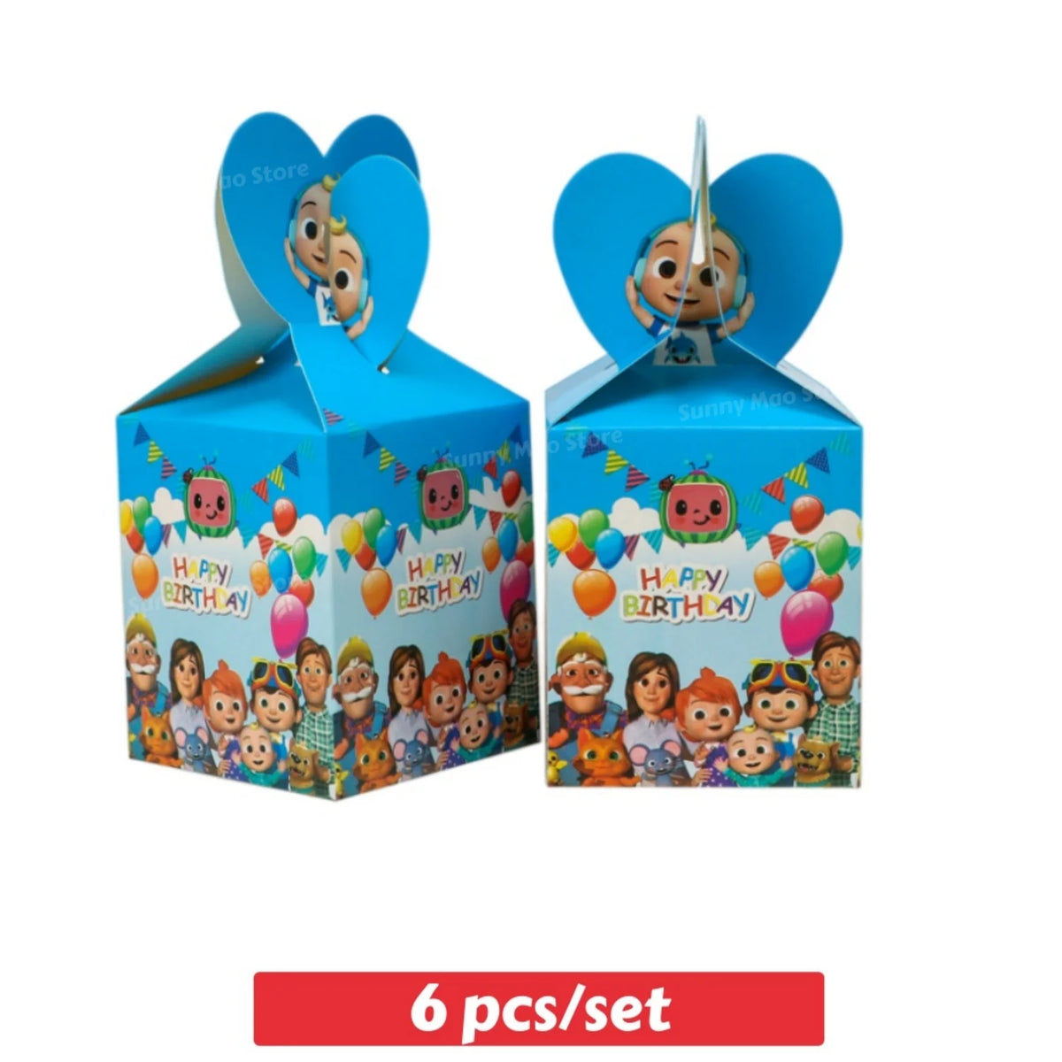 A set of six Cocomelon party supplies including balloons and tableware for a birthday celebration