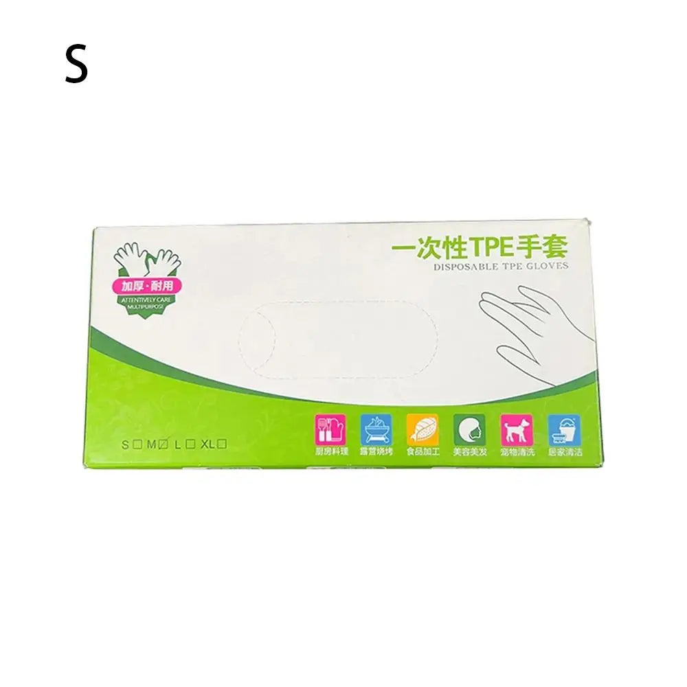 A package of disposable TPE gloves in a green and white design for safety purposes.