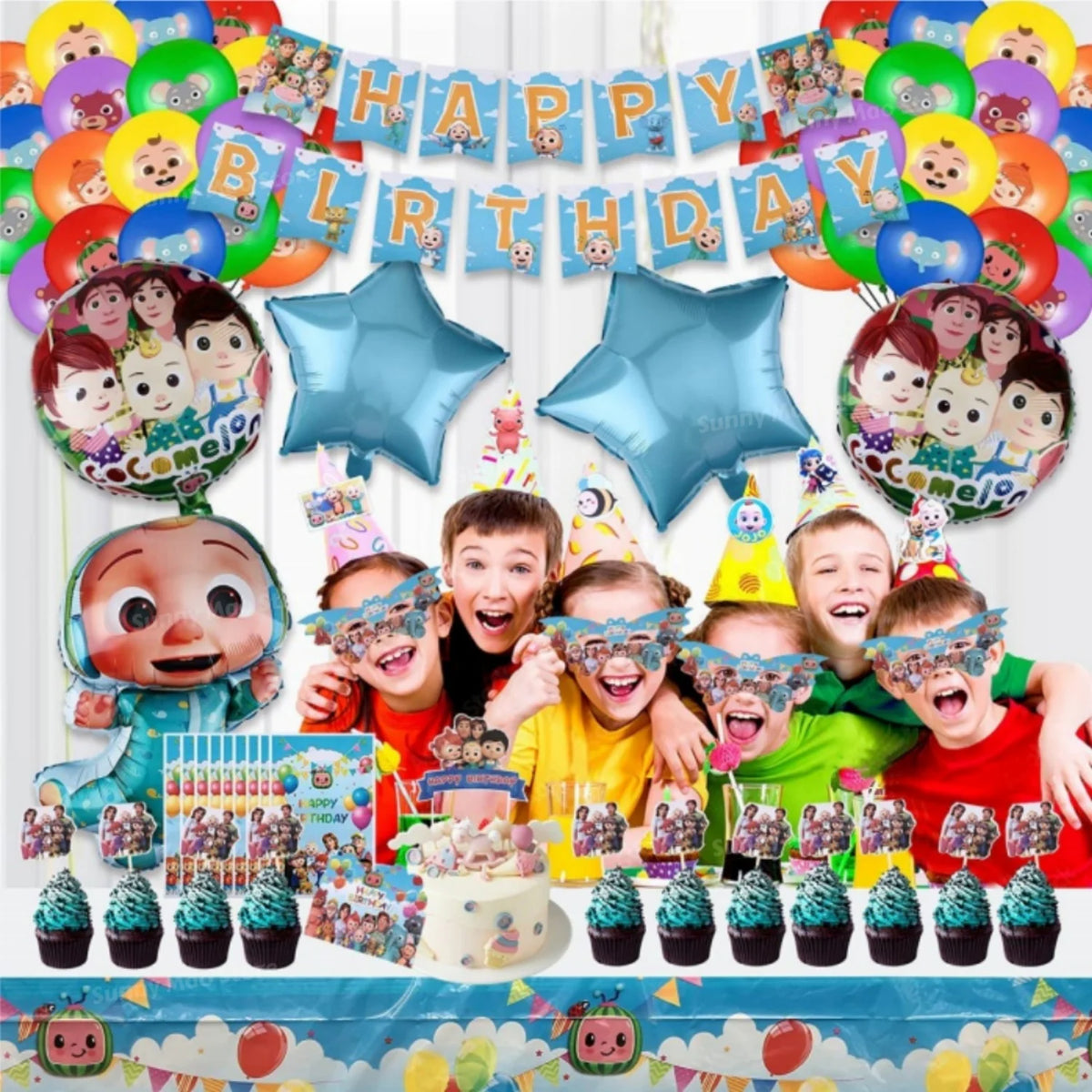 A colorful party supplies kit featuring balloons, decorations, and tableware for a Cocomelon birthday celebration.