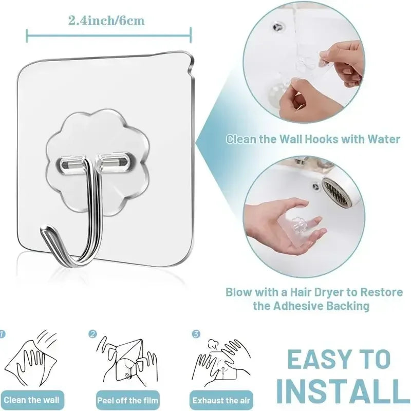 A set of transparent self-adhesive wall hooks shown with instructions for cleaning and installation.