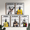 A collection of five framed canvas wall art posters featuring basketball legends like Iverson, Bryant, James, Durant, and Cur