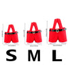 Three red festive Santa Claus gift bags shown in size S, M, and L with corresponding measurements.