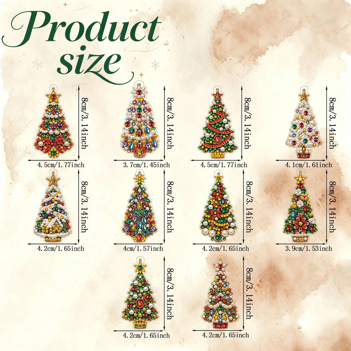 A collection of Christmas diamond art ornaments featuring Santa, snowman, and reindeer pendants in various sizes.
