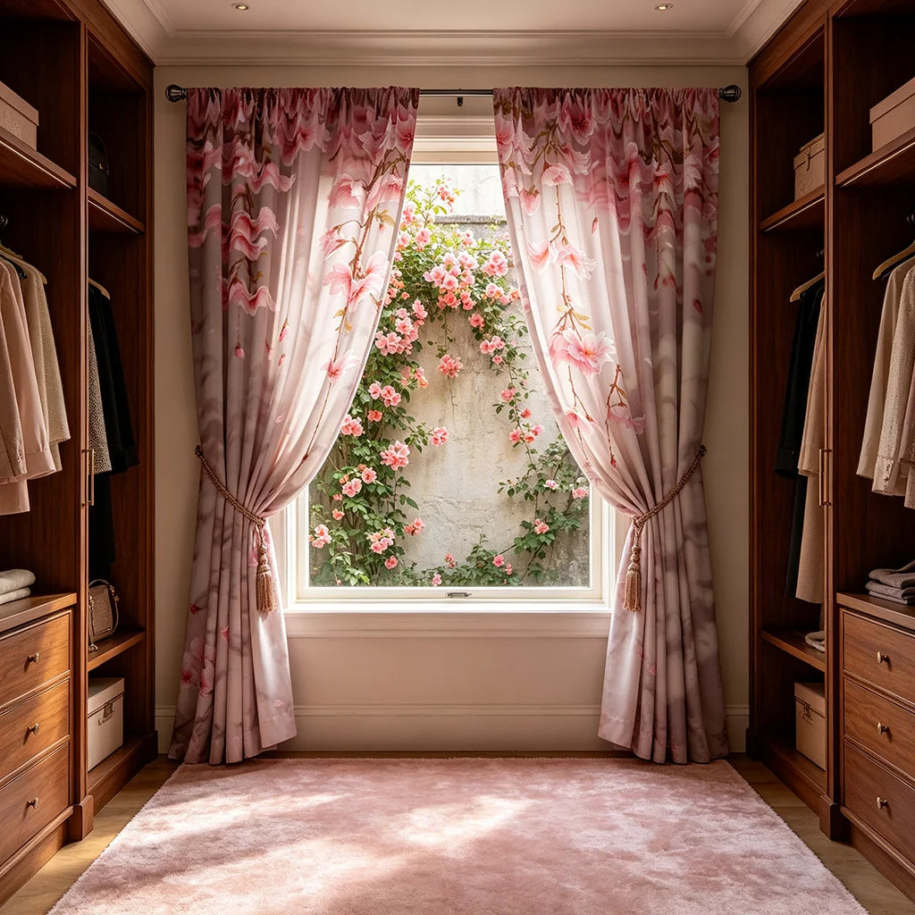 A pair of light pink sheer curtains with cherry blossom floral patterns hanging in a window.