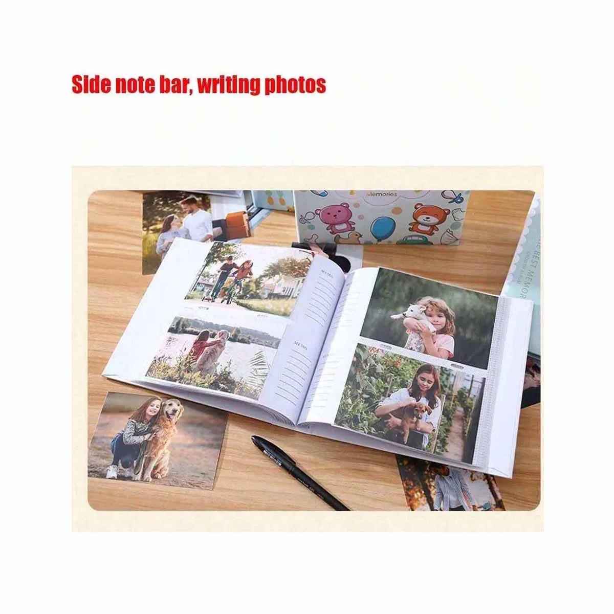 A photo travel album with a side note bar and writing photos is displayed open on a wooden surface.