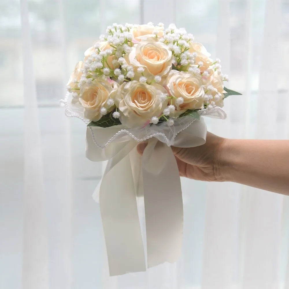 Elegant Silk Rose Bridal Bouquet with Baby's Breath
